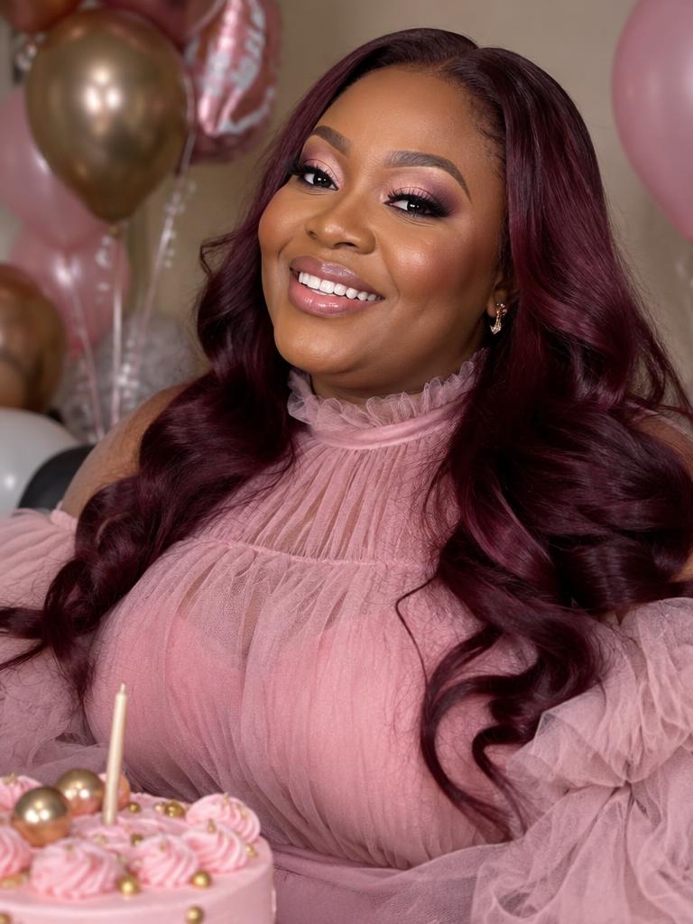 Burgundy body-wave wig
